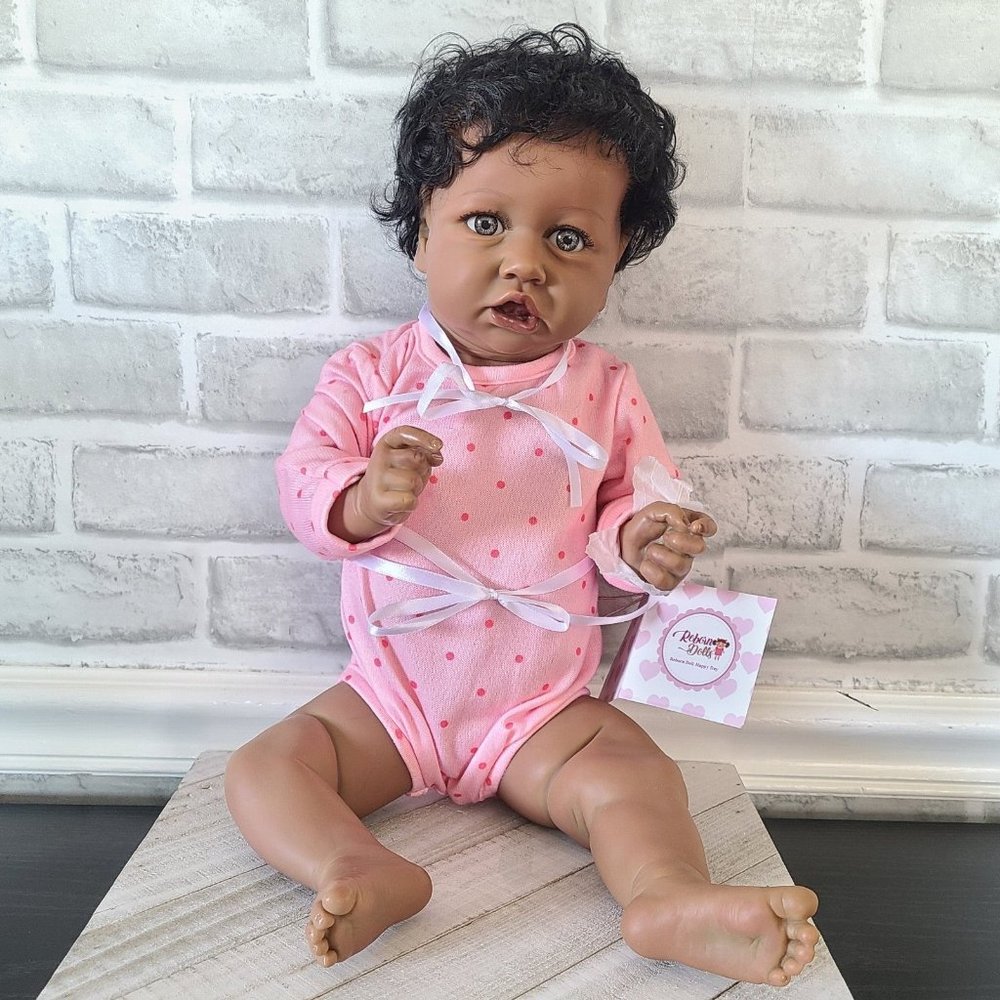 Reborn Baby Doll Girl Vinyl Body Pink Outfit Curly Black Hair Gray Eyes